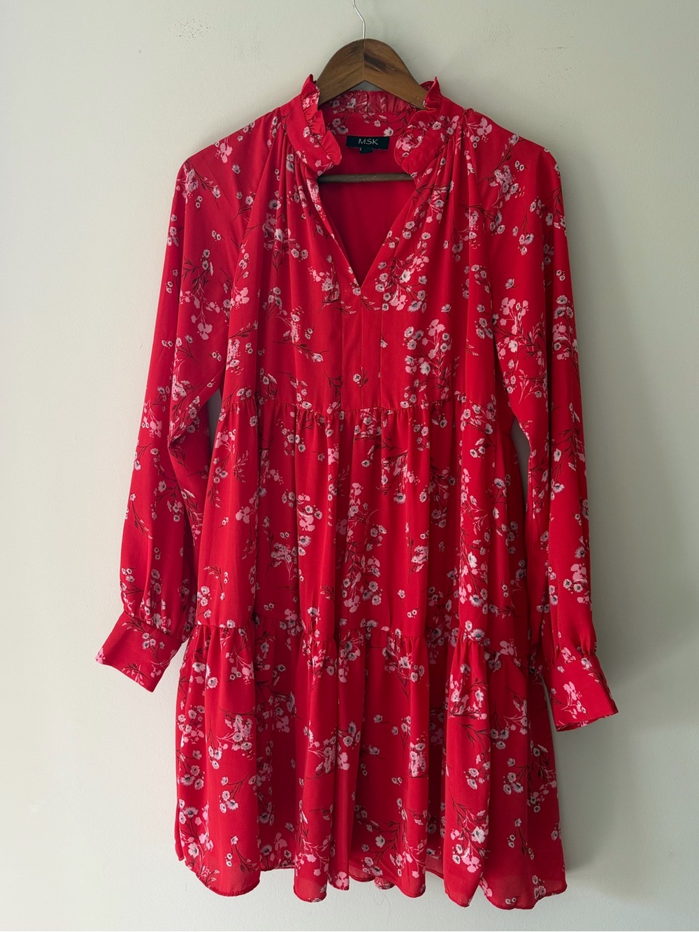 MSK Red Floral Long-Sleeve Ruffle High Neckline Tiered Mini Dress Size Small